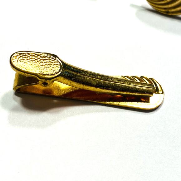 Vintage Mid Century Men’s jewelry Set Cufflinks & Matching Tie Bar Gold Rounds - Picture 4 of 8